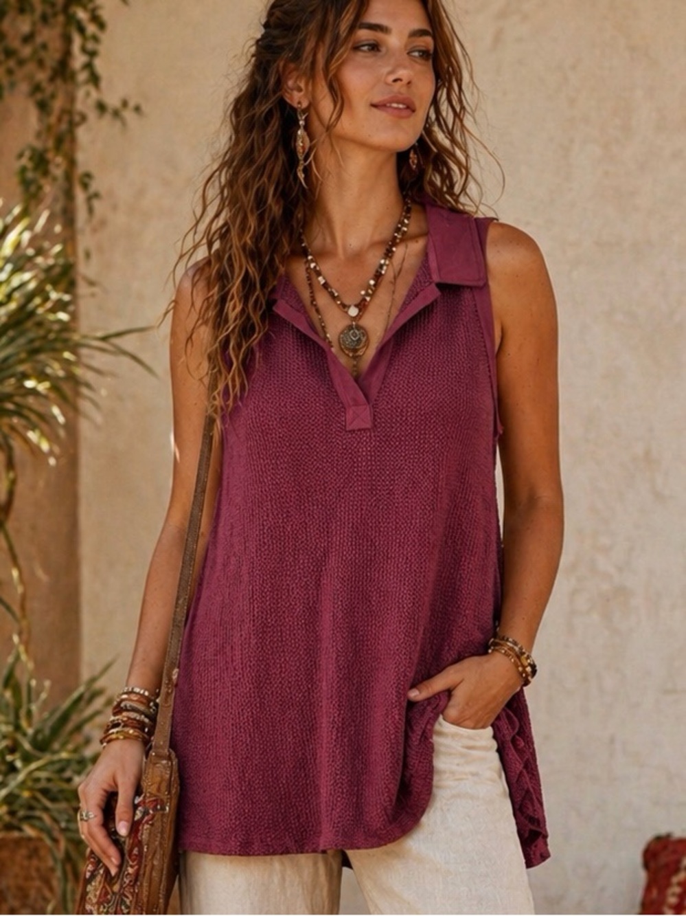 Free People We The Free Boho Textured Tunic Top Burgundy Sleeveless Medium